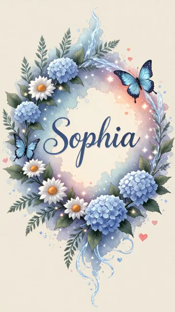 Sophia diseño 4 - Composición magica con nombre en letra cursiva azul, rodeado de hortensias azules, margaritas blancas y delicadas flores silvestres, enmarcado por suaves remolinos de agua, mariposas azules y destellos estelares sobre un fondo etéreo y romántico.