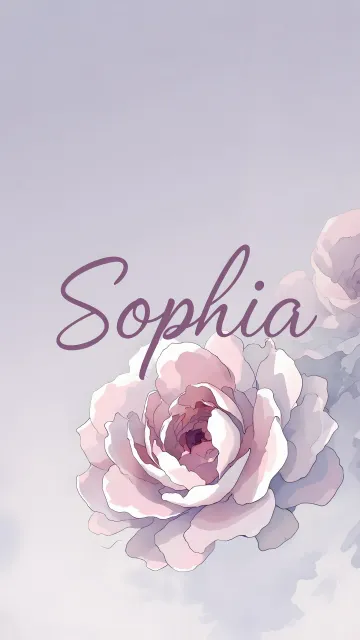 Sophia diseño 5 - Nombre en elegante tipografía cursiva caligráfica en tono lavanda, sobre fondo acuarela de cielo nublado en tonos pastel (azul, blanco, lavanda), decorado con rosa en acuarela de pétalos rosa pálido, blanco crema y lilas suaves con hojas en gris-verde.