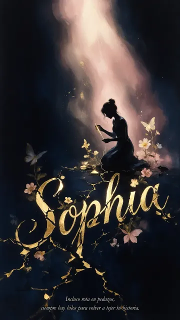 Sophia diseño 6 - Composición de ilustración semirrealista cinematográfica con silueta femenina tejiendo un hilo dorado de luz sobre un suelo oscuro fracturado al estilo Kintsugi, donde el nombre resalta en un prominente guión caligráfico dorado que emerge de las grietas, rodeado de flores blancas, mariposas y un fondo degradado de azules profundos iluminado por una luz celestial en tonos melocotón y crema, con una frase de aliento en tipografía blanca en la parte inferior.
