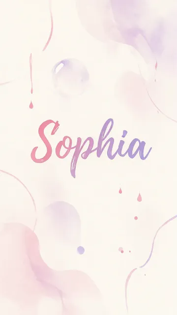Sophia diseño 7 - Diseño abstracto en acuarela sobre fondo crema, con manchas fluidas y etéreas en rosa pastel y lila, líneas curvas que aportan movimiento, pequeñas gotas salpicadas cayendo verticalmente y una burbuja translúcida en la parte superior izquierda. El nombre resalta al centro con una tipografía cursiva amplia y elegante en degradado rosa a morado.