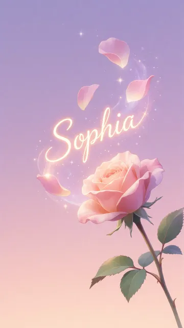 Sophia diseño 8 - Fondo de Pantalla con degradado suave que transiciona de lila en la parte superior a melocotón y rosa pastel en la base, destacando una rosa rosada hiperrealista con tallo y hojas verdes. El nombre brilla en tipografía cursiva con efecto neón cálido, adornado con pétalos cayendo y chispas de luz mágica.