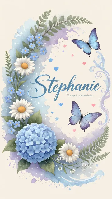 Stephanie diseño 1 - Hortensias azules, flores pequeñas y acuarela suave con mariposas azules y brillo etéreo