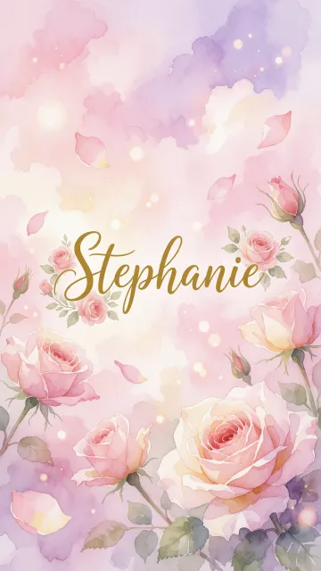 Stephanie diseño 10 - Diseño estilo acuarela con un fondo etéreo y texturizado en nubes de tonos rosa pastel y lila suave. Presenta composiciones de rosas abiertas y capullos en los bordes inferior y superior, con pétalos cayendo delicadamente. Incorpora destellos de luz cálida (efecto bokeh) y, en el centro, resalta una tipografía elegante, cursiva y fluida en color dorado.