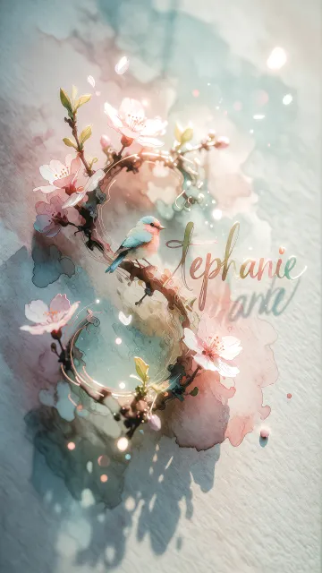 Stephanie diseño 11 - Un delicado diseño de estilo acuarela digital que combina una tipografía de caligrafía personalizada para el nombre en tonos dorados y rosados suaves, adornada con pequeñas hojas y brotes. Un pajarito azul y naranja vibrante está posado en una de las letras. Todo está rodeado por un marco circular de ramas de cerezo en flor con delicadas flores rosadas y blancas. El fondo es un lavado de acuarela difuminado en tonos pastel suaves de azul cerceta, rosa rubor y melocotón sobre una textura de papel rugoso, con destellos luminosos y motas de luz bokeh flotando alrededor, creando una atmósfera mágica y soñadora. Las sombras suaves proyectadas añaden profundidad.