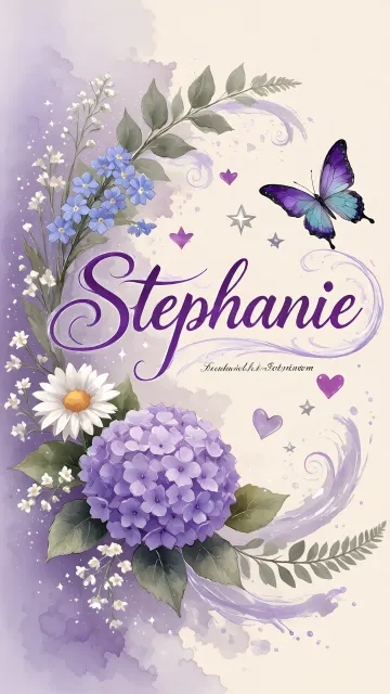 Stephanie diseño 2 - Diseño elegante de hortensias en tonos lila y morados suaves, con volutas estilizadas y una mariposa mística que aporta un toque etéreo y mágico.