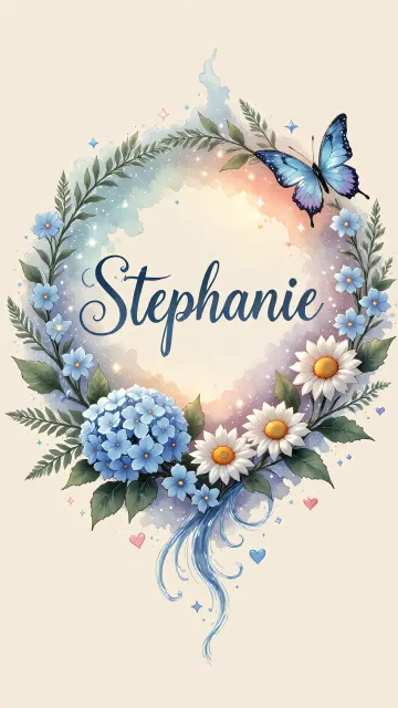 Stephanie diseño 4 - Composición magica con nombre en letra cursiva azul, rodeado de hortensias azules, margaritas blancas y delicadas flores silvestres, enmarcado por suaves remolinos de agua, mariposas azules y destellos estelares sobre un fondo etéreo y romántico.