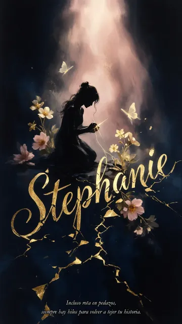 Stephanie diseño 6 - Composición de ilustración semirrealista cinematográfica con silueta femenina tejiendo un hilo dorado de luz sobre un suelo oscuro fracturado al estilo Kintsugi, donde el nombre resalta en un prominente guión caligráfico dorado que emerge de las grietas, rodeado de flores blancas, mariposas y un fondo degradado de azules profundos iluminado por una luz celestial en tonos melocotón y crema, con una frase de aliento en tipografía blanca en la parte inferior.