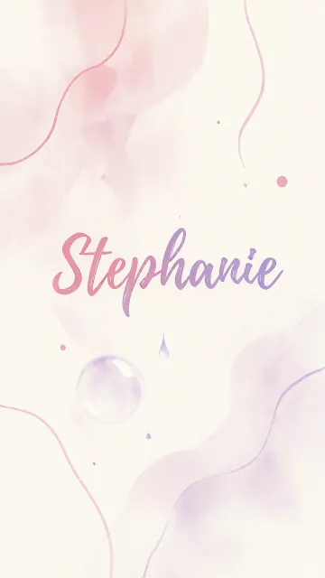 Stephanie diseño 7 - Diseño abstracto en acuarela sobre fondo crema, con manchas fluidas y etéreas en rosa pastel y lila, líneas curvas que aportan movimiento, pequeñas gotas salpicadas cayendo verticalmente y una burbuja translúcida en la parte superior izquierda. El nombre resalta al centro con una tipografía cursiva amplia y elegante en degradado rosa a morado.
