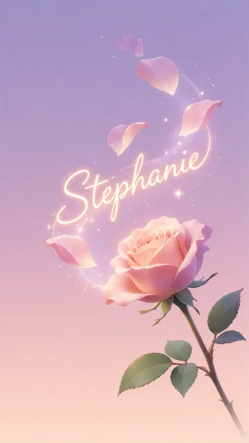 Stephanie diseño 8 - Fondo de Pantalla con degradado suave que transiciona de lila en la parte superior a melocotón y rosa pastel en la base, destacando una rosa rosada hiperrealista con tallo y hojas verdes. El nombre brilla en tipografía cursiva con efecto neón cálido, adornado con pétalos cayendo y chispas de luz mágica.