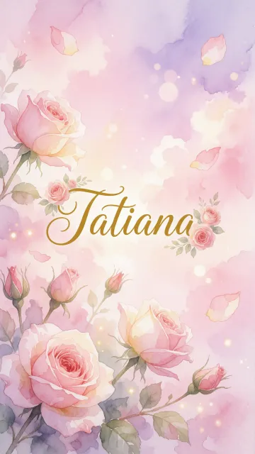 Tatiana diseño 10 - Diseño estilo acuarela con un fondo etéreo y texturizado en nubes de tonos rosa pastel y lila suave. Presenta composiciones de rosas abiertas y capullos en los bordes inferior y superior, con pétalos cayendo delicadamente. Incorpora destellos de luz cálida (efecto bokeh) y, en el centro, resalta una tipografía elegante, cursiva y fluida en color dorado.