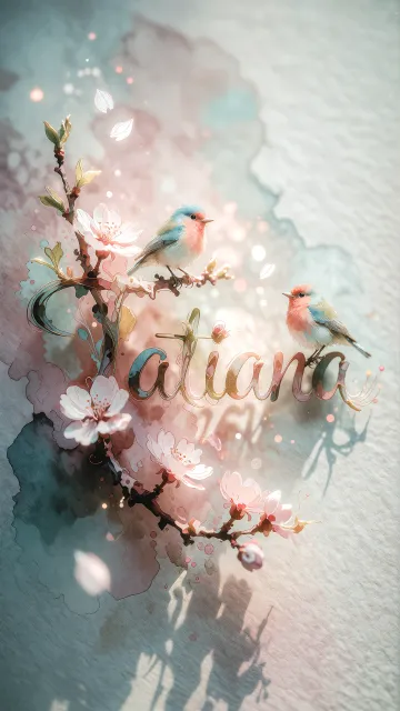 Tatiana diseño 11 - Un delicado diseño de estilo acuarela digital que combina una tipografía de caligrafía personalizada para el nombre en tonos dorados y rosados suaves, adornada con pequeñas hojas y brotes. Un pajarito azul y naranja vibrante está posado en una de las letras. Todo está rodeado por un marco circular de ramas de cerezo en flor con delicadas flores rosadas y blancas. El fondo es un lavado de acuarela difuminado en tonos pastel suaves de azul cerceta, rosa rubor y melocotón sobre una textura de papel rugoso, con destellos luminosos y motas de luz bokeh flotando alrededor, creando una atmósfera mágica y soñadora. Las sombras suaves proyectadas añaden profundidad.