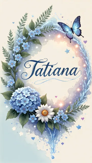 Tatiana diseño 4 - Composición magica con nombre en letra cursiva azul, rodeado de hortensias azules, margaritas blancas y delicadas flores silvestres, enmarcado por suaves remolinos de agua, mariposas azules y destellos estelares sobre un fondo etéreo y romántico.