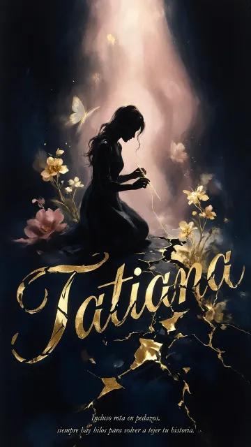 Tatiana diseño 6 - Composición de ilustración semirrealista cinematográfica con silueta femenina tejiendo un hilo dorado de luz sobre un suelo oscuro fracturado al estilo Kintsugi, donde el nombre resalta en un prominente guión caligráfico dorado que emerge de las grietas, rodeado de flores blancas, mariposas y un fondo degradado de azules profundos iluminado por una luz celestial en tonos melocotón y crema, con una frase de aliento en tipografía blanca en la parte inferior.