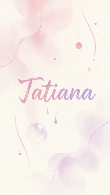 Tatiana diseño 7 - Diseño abstracto en acuarela sobre fondo crema, con manchas fluidas y etéreas en rosa pastel y lila, líneas curvas que aportan movimiento, pequeñas gotas salpicadas cayendo verticalmente y una burbuja translúcida en la parte superior izquierda. El nombre resalta al centro con una tipografía cursiva amplia y elegante en degradado rosa a morado.