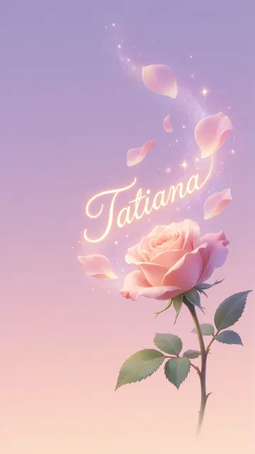 Tatiana diseño 8 - Fondo de Pantalla con degradado suave que transiciona de lila en la parte superior a melocotón y rosa pastel en la base, destacando una rosa rosada hiperrealista con tallo y hojas verdes. El nombre brilla en tipografía cursiva con efecto neón cálido, adornado con pétalos cayendo y chispas de luz mágica.