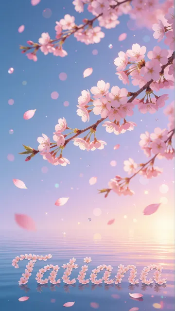 Tatiana diseño 9 - Composición serena y onírica con ramas de cerezo en flor (sakura) en la parte superior contra un cielo en degradado de azul suave y lila. Pétalos de color rosa pastel flotan delicadamente en el aire cayendo hacia una superficie de agua tranquila y cristalina. En el centro inferior, el nombre está formado por pétalos de flores con un sutil efecto de relieve 3D y tipografía floral, reflejándose sobre el agua que está iluminada por un cálido destello dorado de luz solar en la esquina inferior derecha.