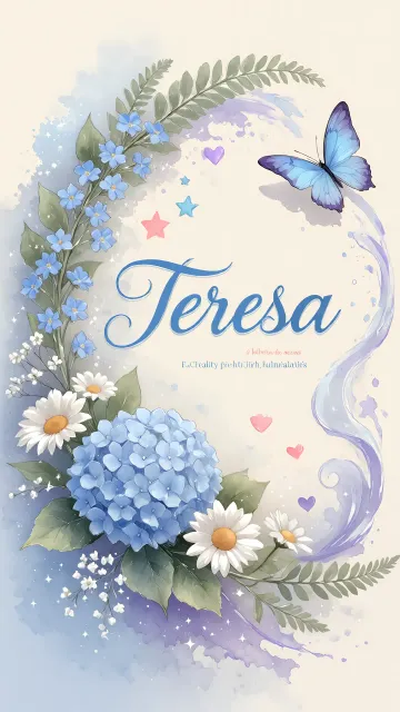Teresa diseño 1 - Hortensias azules, flores pequeñas y acuarela suave con mariposas azules y brillo etéreo