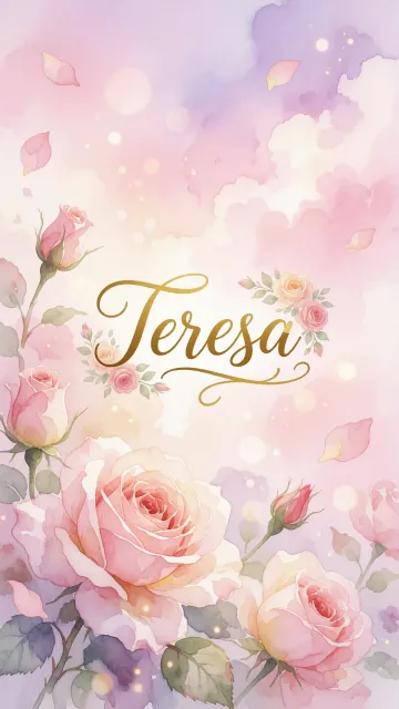 Teresa diseño 10 - Diseño estilo acuarela con un fondo etéreo y texturizado en nubes de tonos rosa pastel y lila suave. Presenta composiciones de rosas abiertas y capullos en los bordes inferior y superior, con pétalos cayendo delicadamente. Incorpora destellos de luz cálida (efecto bokeh) y, en el centro, resalta una tipografía elegante, cursiva y fluida en color dorado.