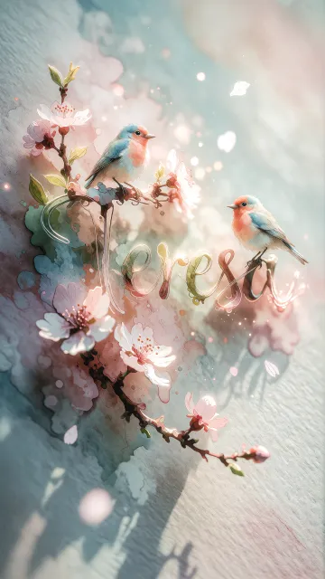 Teresa diseño 11 - Un delicado diseño de estilo acuarela digital que combina una tipografía de caligrafía personalizada para el nombre en tonos dorados y rosados suaves, adornada con pequeñas hojas y brotes. Un pajarito azul y naranja vibrante está posado en una de las letras. Todo está rodeado por un marco circular de ramas de cerezo en flor con delicadas flores rosadas y blancas. El fondo es un lavado de acuarela difuminado en tonos pastel suaves de azul cerceta, rosa rubor y melocotón sobre una textura de papel rugoso, con destellos luminosos y motas de luz bokeh flotando alrededor, creando una atmósfera mágica y soñadora. Las sombras suaves proyectadas añaden profundidad.