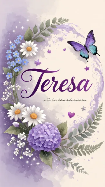 Teresa diseño 2 - Diseño elegante de hortensias en tonos lila y morados suaves, con volutas estilizadas y una mariposa mística que aporta un toque etéreo y mágico.
