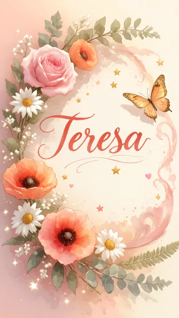 Teresa diseño 3 - Elegante composición de rosas rosadas y amapolas naranjas con mariposas doradas brillantes sobre un fondo cálido, romántico y mágico.