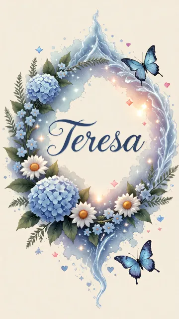 Teresa diseño 4 - Composición magica con nombre en letra cursiva azul, rodeado de hortensias azules, margaritas blancas y delicadas flores silvestres, enmarcado por suaves remolinos de agua, mariposas azules y destellos estelares sobre un fondo etéreo y romántico.