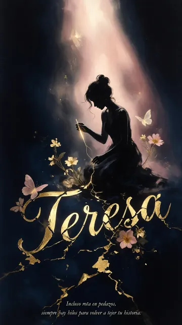 Teresa diseño 6 - Composición de ilustración semirrealista cinematográfica con silueta femenina tejiendo un hilo dorado de luz sobre un suelo oscuro fracturado al estilo Kintsugi, donde el nombre resalta en un prominente guión caligráfico dorado que emerge de las grietas, rodeado de flores blancas, mariposas y un fondo degradado de azules profundos iluminado por una luz celestial en tonos melocotón y crema, con una frase de aliento en tipografía blanca en la parte inferior.