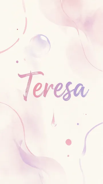 Teresa diseño 7 - Diseño abstracto en acuarela sobre fondo crema, con manchas fluidas y etéreas en rosa pastel y lila, líneas curvas que aportan movimiento, pequeñas gotas salpicadas cayendo verticalmente y una burbuja translúcida en la parte superior izquierda. El nombre resalta al centro con una tipografía cursiva amplia y elegante en degradado rosa a morado.