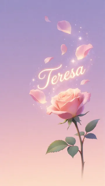 Teresa diseño 8 - Fondo de Pantalla con degradado suave que transiciona de lila en la parte superior a melocotón y rosa pastel en la base, destacando una rosa rosada hiperrealista con tallo y hojas verdes. El nombre brilla en tipografía cursiva con efecto neón cálido, adornado con pétalos cayendo y chispas de luz mágica.