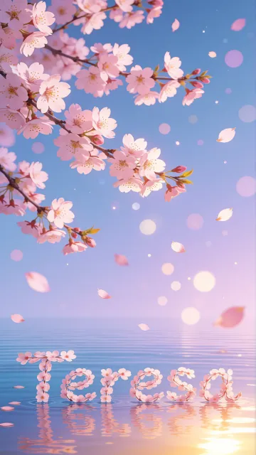 Teresa diseño 9 - Composición serena y onírica con ramas de cerezo en flor (sakura) en la parte superior contra un cielo en degradado de azul suave y lila. Pétalos de color rosa pastel flotan delicadamente en el aire cayendo hacia una superficie de agua tranquila y cristalina. En el centro inferior, el nombre está formado por pétalos de flores con un sutil efecto de relieve 3D y tipografía floral, reflejándose sobre el agua que está iluminada por un cálido destello dorado de luz solar en la esquina inferior derecha.