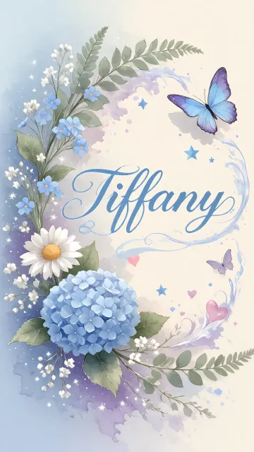 Tiffany diseño 1 - Hortensias azules, flores pequeñas y acuarela suave con mariposas azules y brillo etéreo