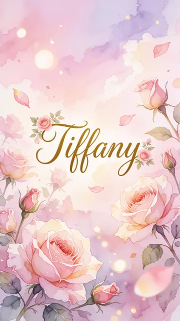 Tiffany diseño 10 - Diseño estilo acuarela con un fondo etéreo y texturizado en nubes de tonos rosa pastel y lila suave. Presenta composiciones de rosas abiertas y capullos en los bordes inferior y superior, con pétalos cayendo delicadamente. Incorpora destellos de luz cálida (efecto bokeh) y, en el centro, resalta una tipografía elegante, cursiva y fluida en color dorado.