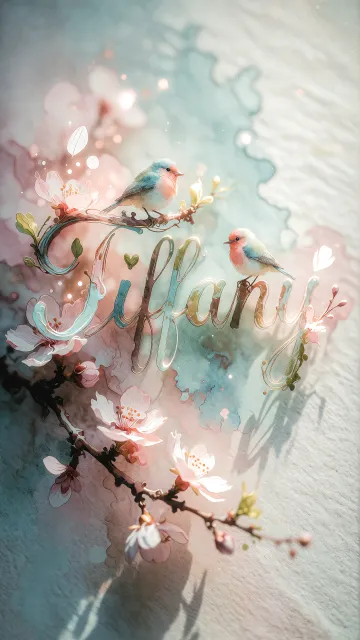 Tiffany diseño 11 - Un delicado diseño de estilo acuarela digital que combina una tipografía de caligrafía personalizada para el nombre en tonos dorados y rosados suaves, adornada con pequeñas hojas y brotes. Un pajarito azul y naranja vibrante está posado en una de las letras. Todo está rodeado por un marco circular de ramas de cerezo en flor con delicadas flores rosadas y blancas. El fondo es un lavado de acuarela difuminado en tonos pastel suaves de azul cerceta, rosa rubor y melocotón sobre una textura de papel rugoso, con destellos luminosos y motas de luz bokeh flotando alrededor, creando una atmósfera mágica y soñadora. Las sombras suaves proyectadas añaden profundidad.