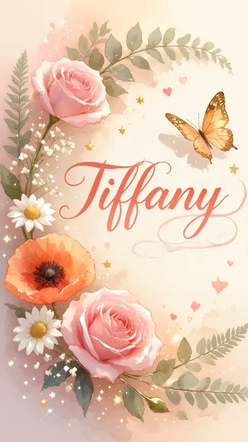Tiffany diseño 3 - Elegante composición de rosas rosadas y amapolas naranjas con mariposas doradas brillantes sobre un fondo cálido, romántico y mágico.