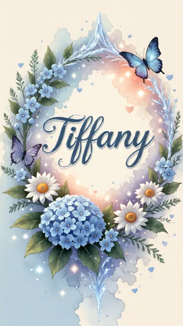 Tiffany diseño 4 - Composición magica con nombre en letra cursiva azul, rodeado de hortensias azules, margaritas blancas y delicadas flores silvestres, enmarcado por suaves remolinos de agua, mariposas azules y destellos estelares sobre un fondo etéreo y romántico.