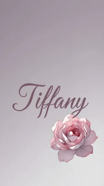 Tiffany diseño 5 - Nombre en elegante tipografía cursiva caligráfica en tono lavanda, sobre fondo acuarela de cielo nublado en tonos pastel (azul, blanco, lavanda), decorado con rosa en acuarela de pétalos rosa pálido, blanco crema y lilas suaves con hojas en gris-verde.