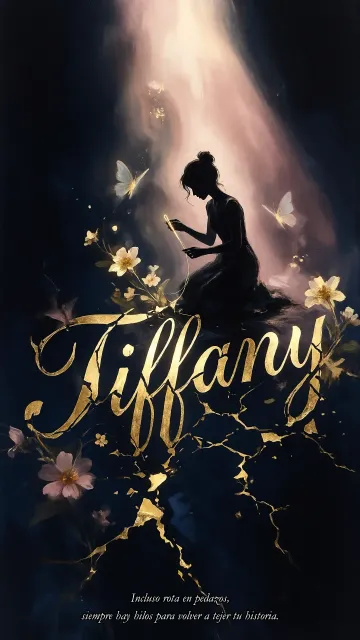Tiffany diseño 6 - Composición de ilustración semirrealista cinematográfica con silueta femenina tejiendo un hilo dorado de luz sobre un suelo oscuro fracturado al estilo Kintsugi, donde el nombre resalta en un prominente guión caligráfico dorado que emerge de las grietas, rodeado de flores blancas, mariposas y un fondo degradado de azules profundos iluminado por una luz celestial en tonos melocotón y crema, con una frase de aliento en tipografía blanca en la parte inferior.