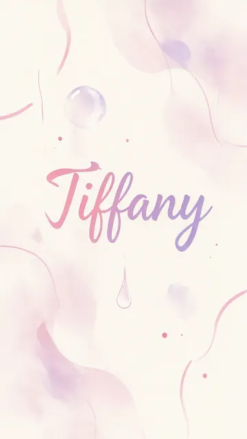 Tiffany diseño 7 - Diseño abstracto en acuarela sobre fondo crema, con manchas fluidas y etéreas en rosa pastel y lila, líneas curvas que aportan movimiento, pequeñas gotas salpicadas cayendo verticalmente y una burbuja translúcida en la parte superior izquierda. El nombre resalta al centro con una tipografía cursiva amplia y elegante en degradado rosa a morado.