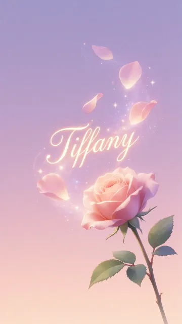 Tiffany diseño 8 - Fondo de Pantalla con degradado suave que transiciona de lila en la parte superior a melocotón y rosa pastel en la base, destacando una rosa rosada hiperrealista con tallo y hojas verdes. El nombre brilla en tipografía cursiva con efecto neón cálido, adornado con pétalos cayendo y chispas de luz mágica.