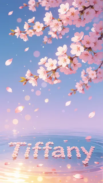 Tiffany diseño 9 - Composición serena y onírica con ramas de cerezo en flor (sakura) en la parte superior contra un cielo en degradado de azul suave y lila. Pétalos de color rosa pastel flotan delicadamente en el aire cayendo hacia una superficie de agua tranquila y cristalina. En el centro inferior, el nombre está formado por pétalos de flores con un sutil efecto de relieve 3D y tipografía floral, reflejándose sobre el agua que está iluminada por un cálido destello dorado de luz solar en la esquina inferior derecha.