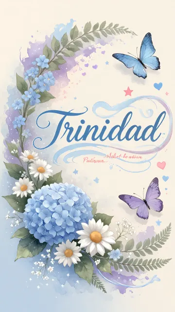 Trinidad diseño 1 - Hortensias azules, flores pequeñas y acuarela suave con mariposas azules y brillo etéreo