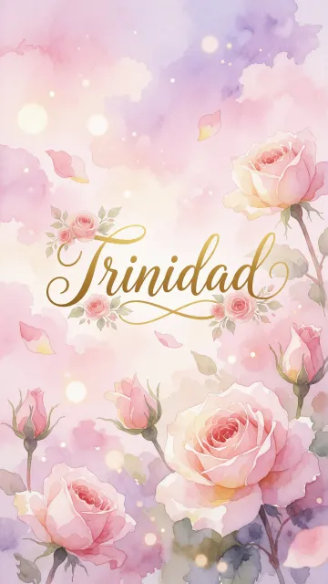 Trinidad diseño 10 - Diseño estilo acuarela con un fondo etéreo y texturizado en nubes de tonos rosa pastel y lila suave. Presenta composiciones de rosas abiertas y capullos en los bordes inferior y superior, con pétalos cayendo delicadamente. Incorpora destellos de luz cálida (efecto bokeh) y, en el centro, resalta una tipografía elegante, cursiva y fluida en color dorado.