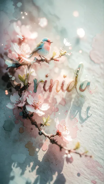 Trinidad diseño 11 - Un delicado diseño de estilo acuarela digital que combina una tipografía de caligrafía personalizada para el nombre en tonos dorados y rosados suaves, adornada con pequeñas hojas y brotes. Un pajarito azul y naranja vibrante está posado en una de las letras. Todo está rodeado por un marco circular de ramas de cerezo en flor con delicadas flores rosadas y blancas. El fondo es un lavado de acuarela difuminado en tonos pastel suaves de azul cerceta, rosa rubor y melocotón sobre una textura de papel rugoso, con destellos luminosos y motas de luz bokeh flotando alrededor, creando una atmósfera mágica y soñadora. Las sombras suaves proyectadas añaden profundidad.