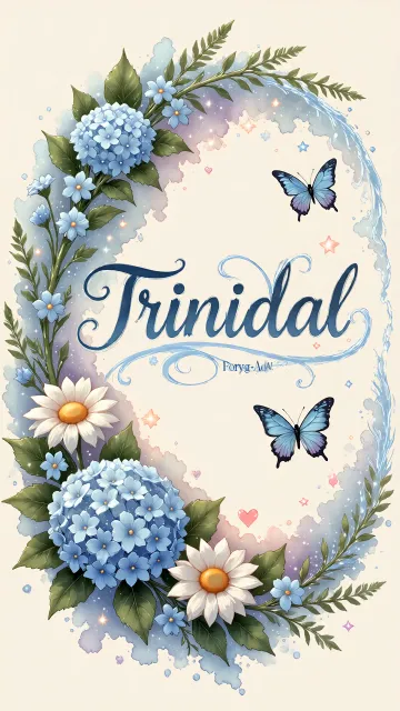 Trinidad diseño 4 - Composición magica con nombre en letra cursiva azul, rodeado de hortensias azules, margaritas blancas y delicadas flores silvestres, enmarcado por suaves remolinos de agua, mariposas azules y destellos estelares sobre un fondo etéreo y romántico.