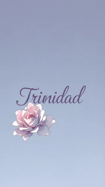 Trinidad diseño 5 - Nombre en elegante tipografía cursiva caligráfica en tono lavanda, sobre fondo acuarela de cielo nublado en tonos pastel (azul, blanco, lavanda), decorado con rosa en acuarela de pétalos rosa pálido, blanco crema y lilas suaves con hojas en gris-verde.