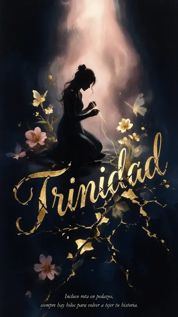 Trinidad diseño 6 - Composición de ilustración semirrealista cinematográfica con silueta femenina tejiendo un hilo dorado de luz sobre un suelo oscuro fracturado al estilo Kintsugi, donde el nombre resalta en un prominente guión caligráfico dorado que emerge de las grietas, rodeado de flores blancas, mariposas y un fondo degradado de azules profundos iluminado por una luz celestial en tonos melocotón y crema, con una frase de aliento en tipografía blanca en la parte inferior.