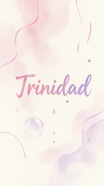Trinidad diseño 7 - Diseño abstracto en acuarela sobre fondo crema, con manchas fluidas y etéreas en rosa pastel y lila, líneas curvas que aportan movimiento, pequeñas gotas salpicadas cayendo verticalmente y una burbuja translúcida en la parte superior izquierda. El nombre resalta al centro con una tipografía cursiva amplia y elegante en degradado rosa a morado.