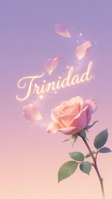 Trinidad diseño 8 - Fondo de Pantalla con degradado suave que transiciona de lila en la parte superior a melocotón y rosa pastel en la base, destacando una rosa rosada hiperrealista con tallo y hojas verdes. El nombre brilla en tipografía cursiva con efecto neón cálido, adornado con pétalos cayendo y chispas de luz mágica.