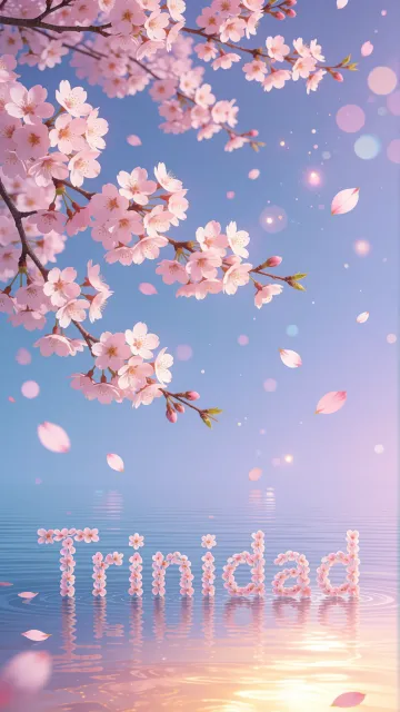 Trinidad diseño 9 - Composición serena y onírica con ramas de cerezo en flor (sakura) en la parte superior contra un cielo en degradado de azul suave y lila. Pétalos de color rosa pastel flotan delicadamente en el aire cayendo hacia una superficie de agua tranquila y cristalina. En el centro inferior, el nombre está formado por pétalos de flores con un sutil efecto de relieve 3D y tipografía floral, reflejándose sobre el agua que está iluminada por un cálido destello dorado de luz solar en la esquina inferior derecha.