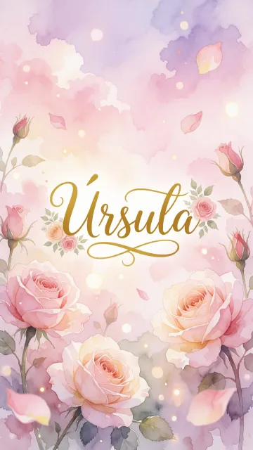 Ursula diseño 10 - Diseño estilo acuarela con un fondo etéreo y texturizado en nubes de tonos rosa pastel y lila suave. Presenta composiciones de rosas abiertas y capullos en los bordes inferior y superior, con pétalos cayendo delicadamente. Incorpora destellos de luz cálida (efecto bokeh) y, en el centro, resalta una tipografía elegante, cursiva y fluida en color dorado.
